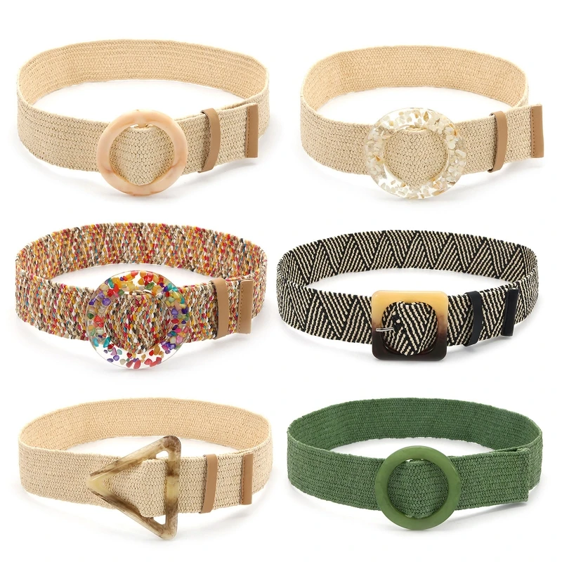 

28TF Women Retro Bohemian Wide Belt Girdle Colorful Buckle Braided Belt Summer Dress