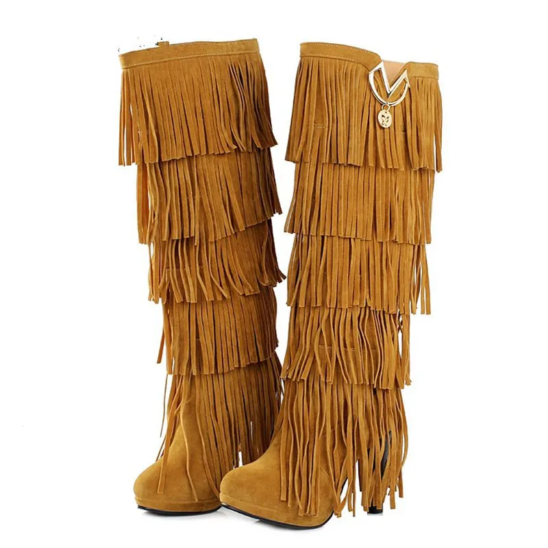 

Женские зимние меховые сапоги с бахромой, черные, коричневые, красные сапоги до колена на высоком каблуке, модель LY19930758, 32-43