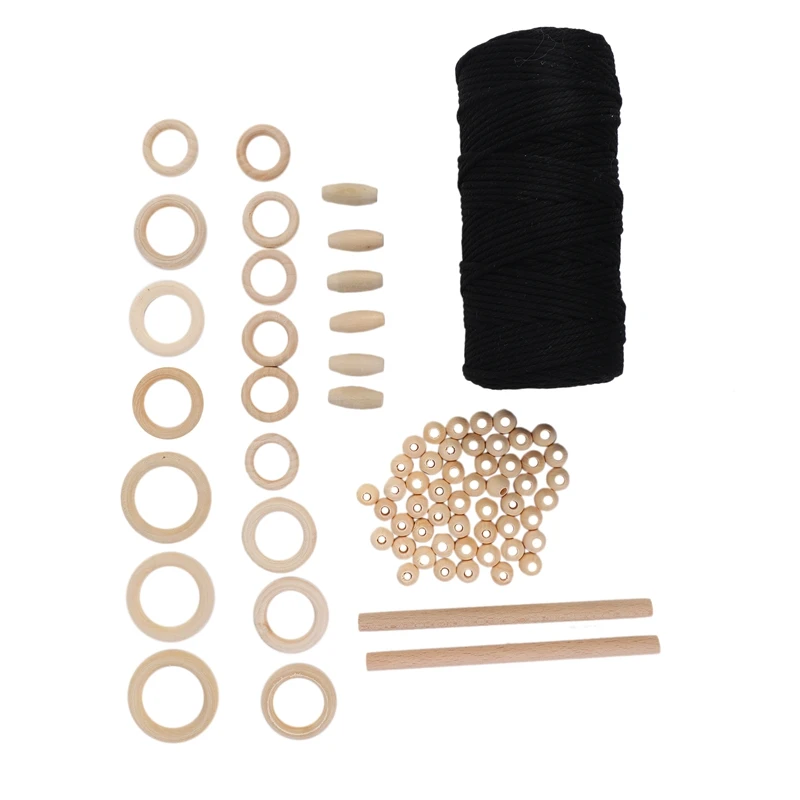 

Набор хлопковых веревок для макраме, хлопковый шнур 3 мм, деревянные бусины, деревянные кольца для рукоделия «сделай сам», вешалки для вязан...