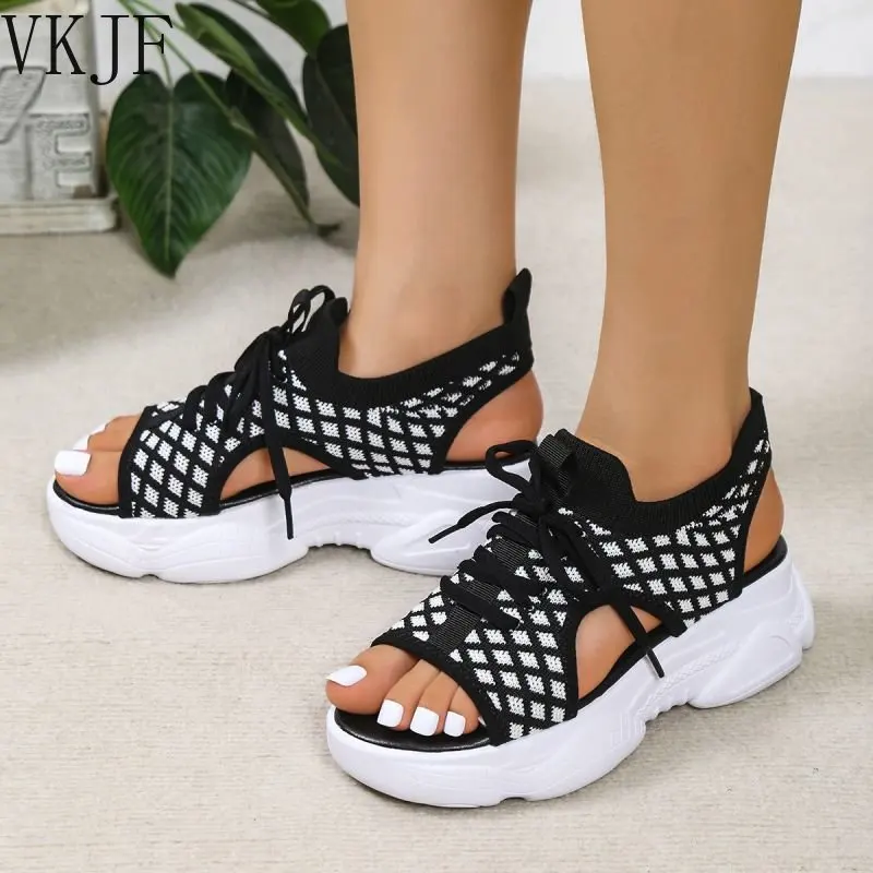 

Women's Hollow Out Knitting Sandals Peep Toe Non Slip Beach Shoes for Women Summer Fashion Platform Sandalias Mujer 2023