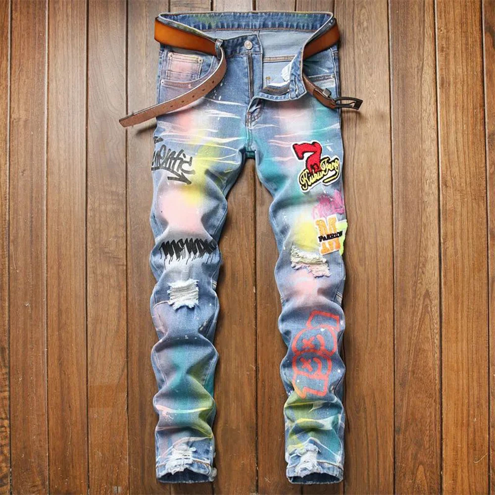Men Jeans Printing Slim Fit Denim Trousers Biker High Quality Male Stragiht Casual Designer Embroidery  Graffiti  High Street