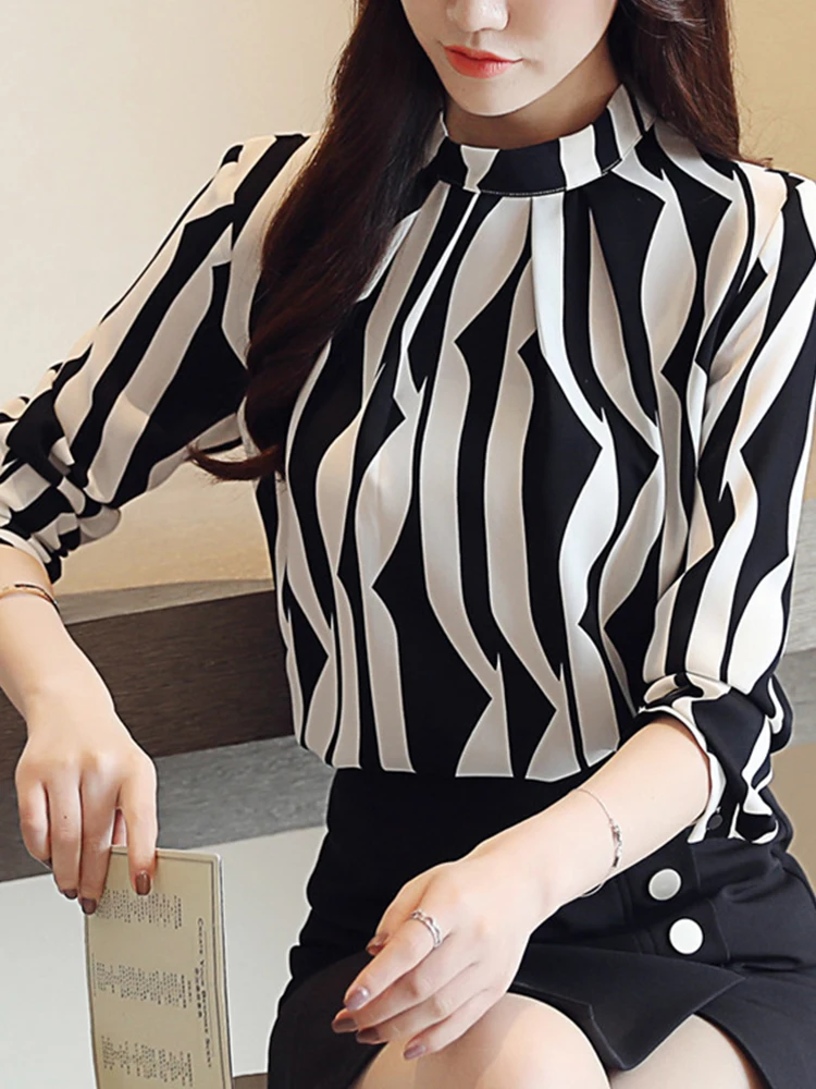 2023 Clearance 2022 new arrived fashion women blouse long sleeved printed women top stand collar blouses slim fit office lady
