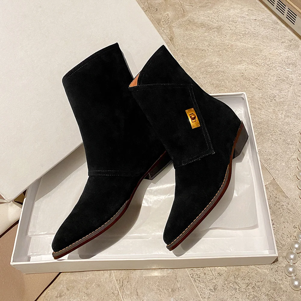 

Winter Hot Sale Classic Chelsea Boots Woman Real Suede Pointy Toe Wedges Heel Ankle Boots Simple Comfortable Cowboy Boots Mujer