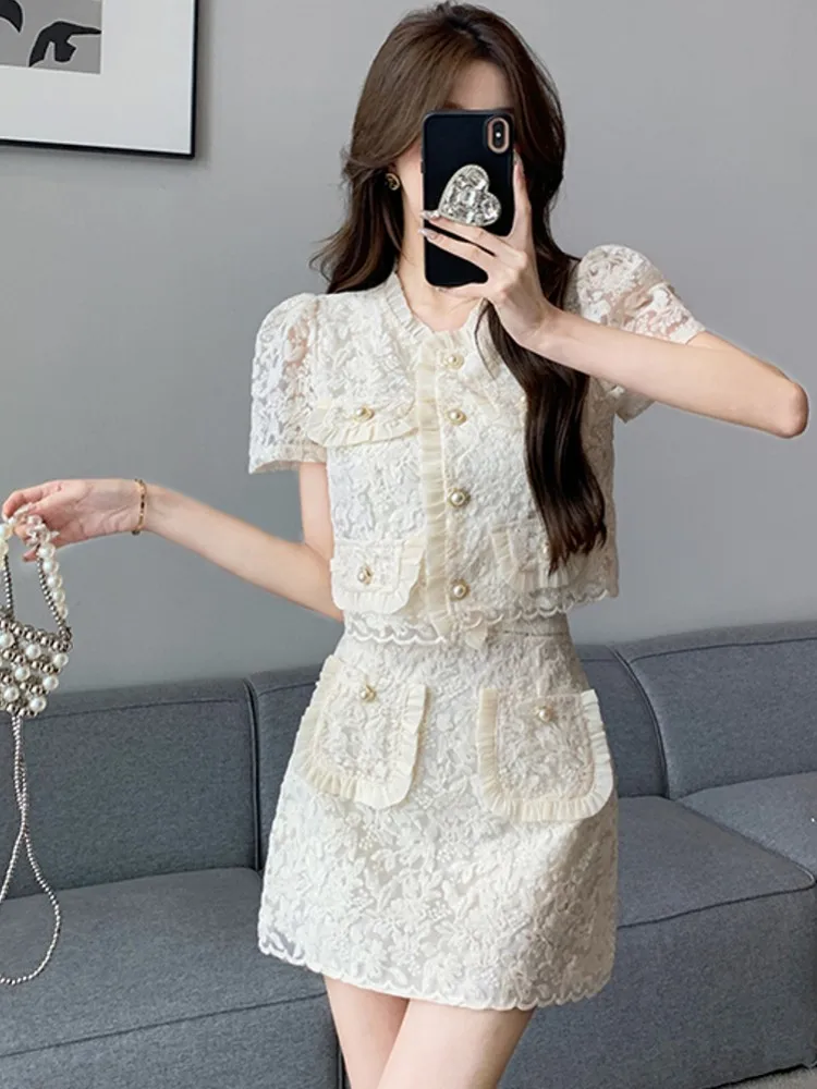 

2023 Summer New Small Fragrance Lace Two Piece Set Single Breasted Crop Top And High Waist Skirt