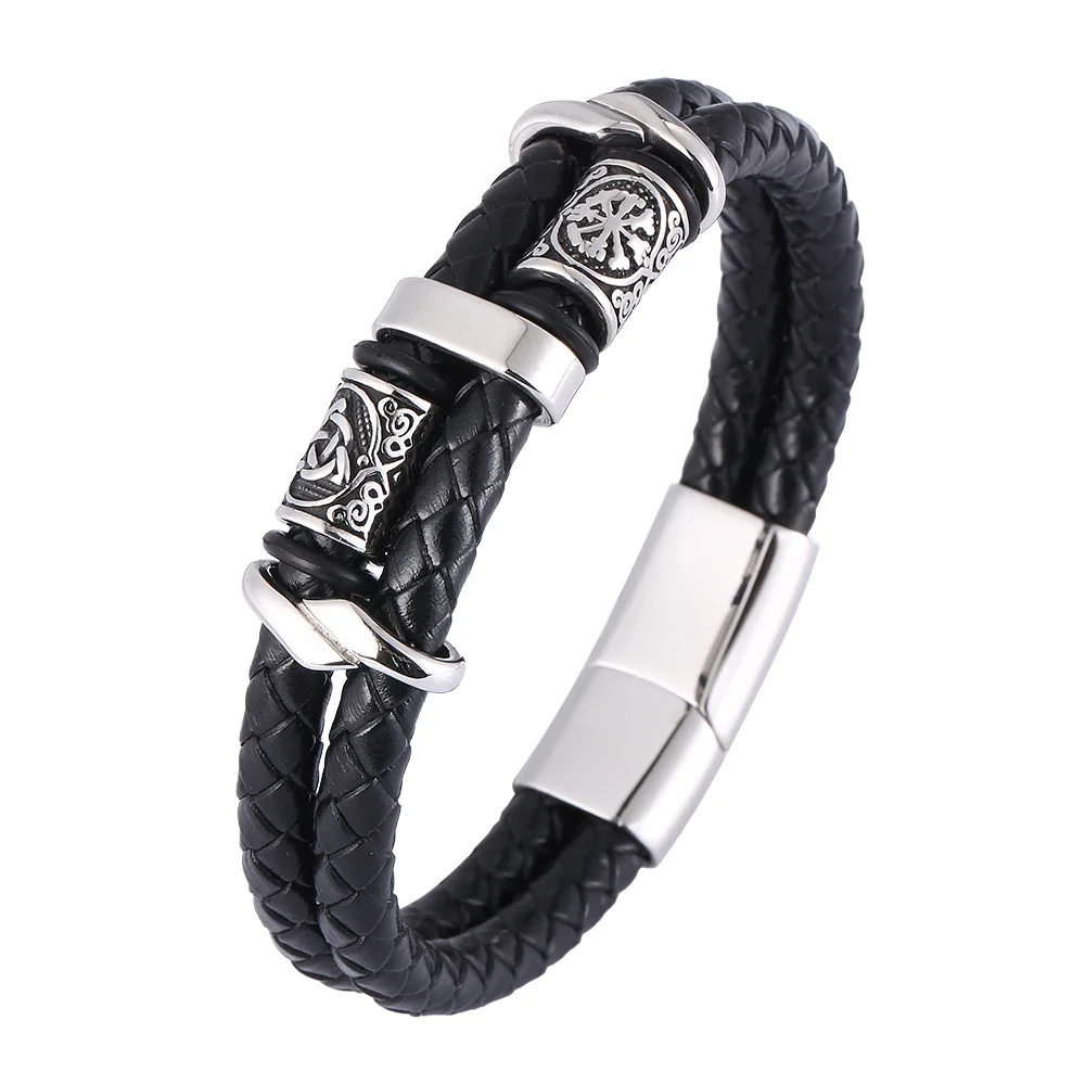 

Titanium Beaded Viking Collection Double Braided Leather Men's Bracelet Sailor Rope Stainless Steel Magnet Buckle Charm Bracelet