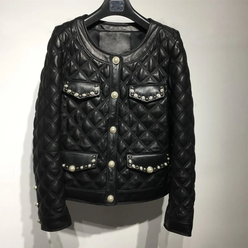 

Female lambskin coat, elegant jacket with round collar with pearls and rivets