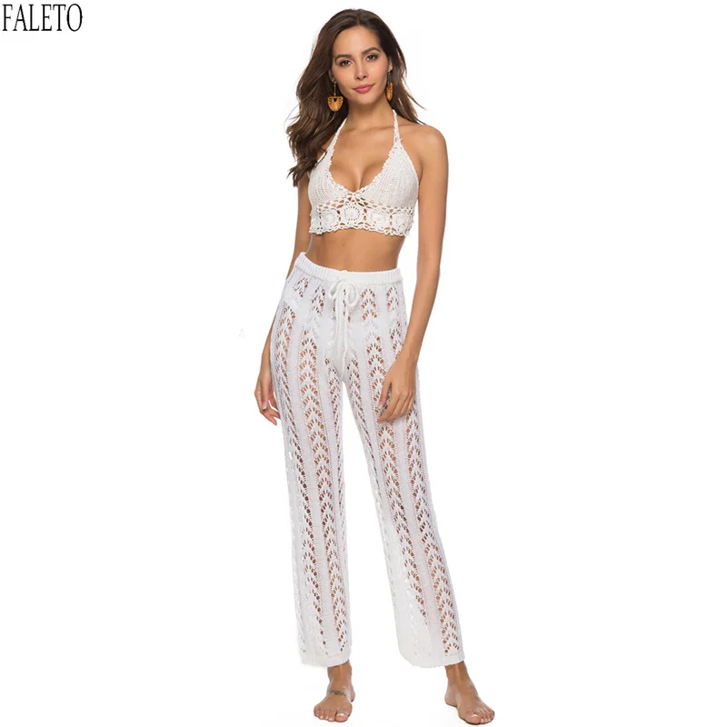 

Faleto Women Crochet Lace Swim Pants Knitted Hollow Out Cover Up Pants High Waist Fishnet Swimsuit Sexy Holiday Beach Pants