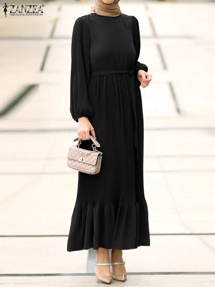 

ZANZEA O-Neck Long Sleeve Turkish Sundress Solid Muslim Satin Dress Hijab Pleated Abaya Elegant Casual Holiday Party Long Robe