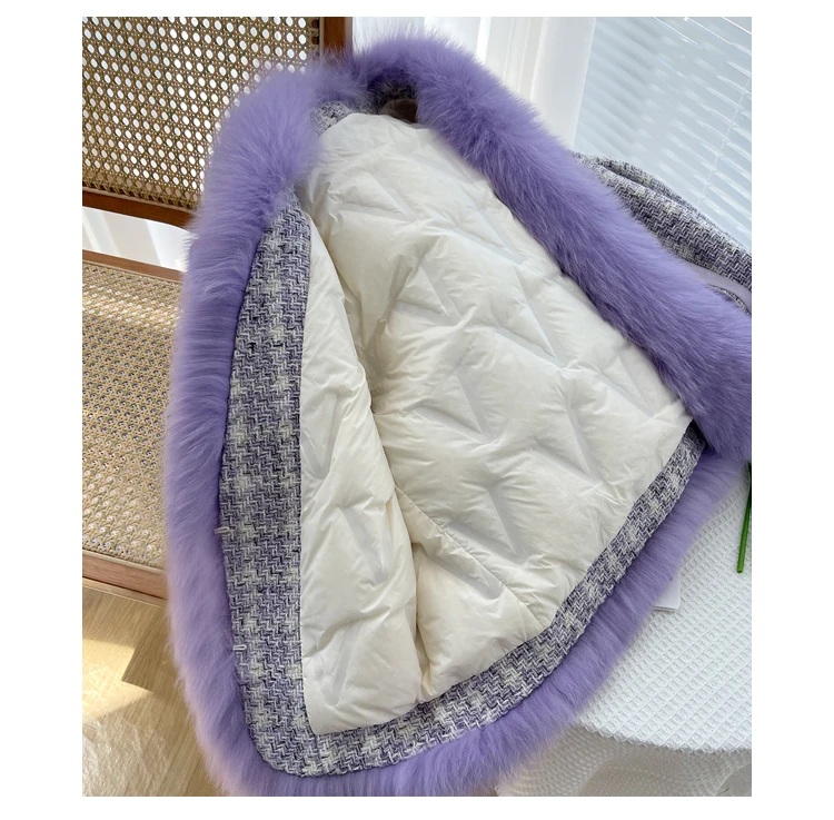 2022 Autumn Winter Real Natural Fox Fur Coat Duck Down Jacket Women Thick Warm Casual Weave Tweed New Fashion