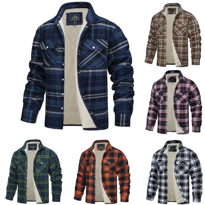 

Winter Men's Fleece Plaid Flannel Shirt Jacket Thicken Warm Outerwear Lapel Single Breasted Loose Fitting Casual Cotton Jacket