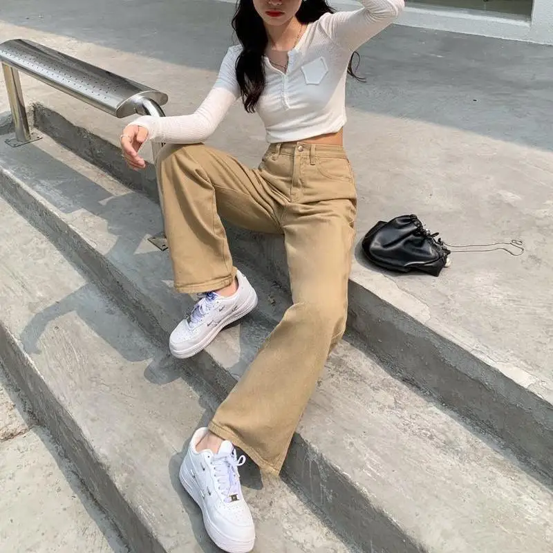 High Waist Jeans for Women Vintage Khaki Denim Trousers Casual Straight Wide Lei Pants Korean Fashion Y2k Bottoms Female Clothes