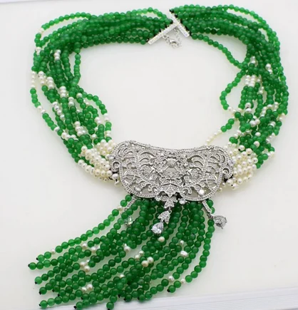 

10rows freshwater pearl near round 3-5mm +green jade &zircon pendant necklace 19inch FPPJ wholesale beads nature