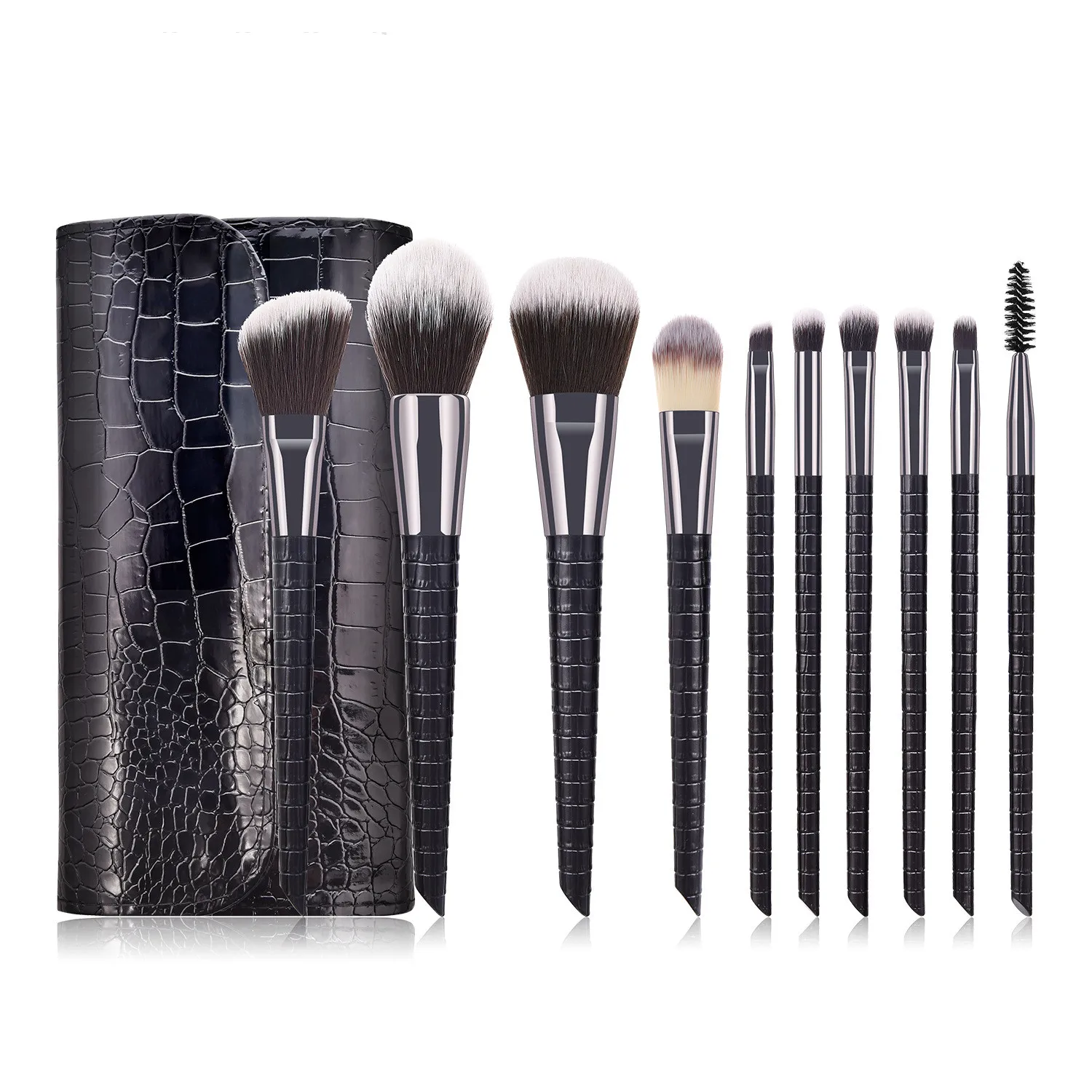 

10pcs Makeup Brush Set White Black Lip Eyelash Eyeshadow Powder Foundation Brushes Crocodile Pattern Kit with Bag Brushes Kit