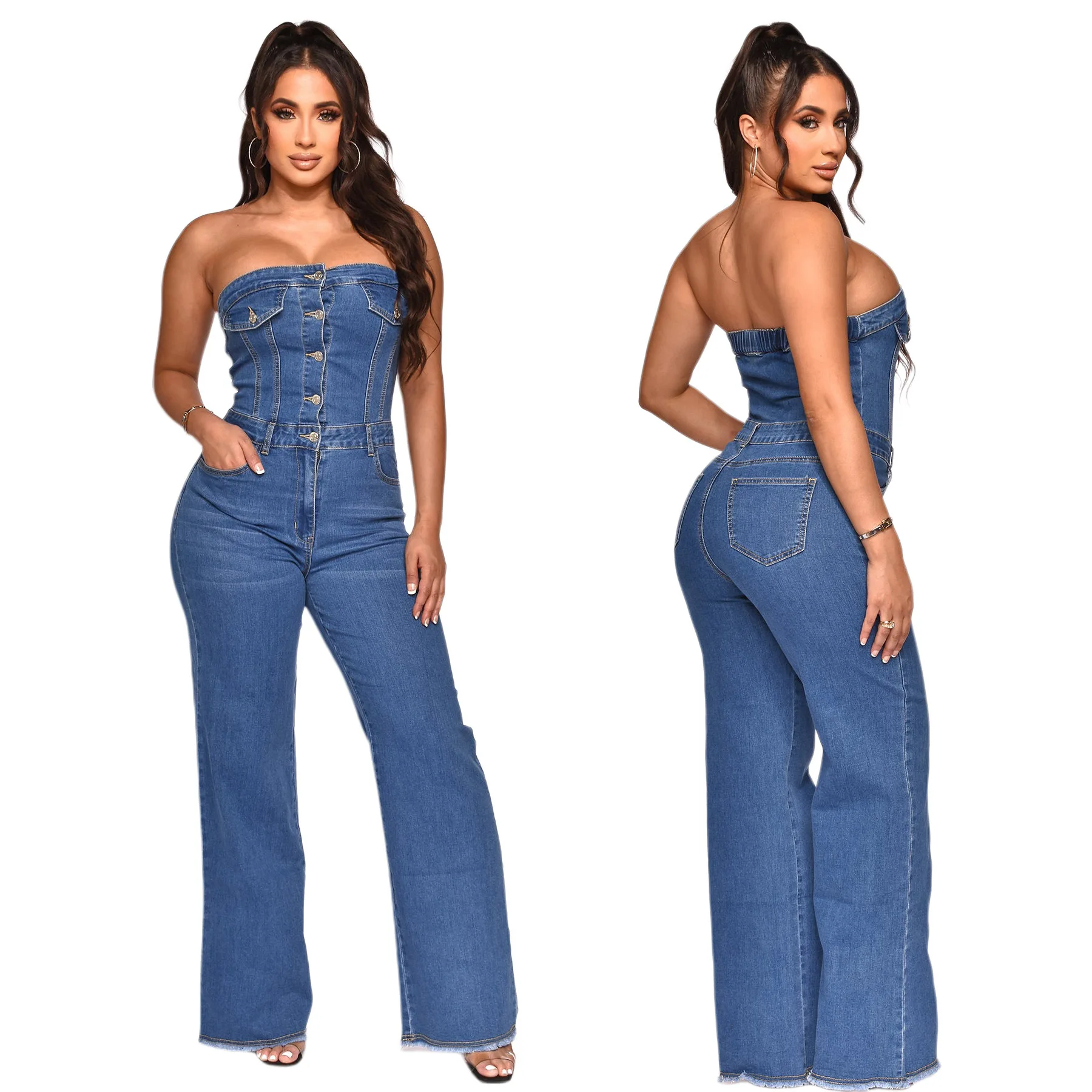 

Strapless Blue Denim Jumpsuit Women's 2023 Summer New Korean Fashion Button Down Jeans Overalls Female Wide Leg Pants Jumpsuits