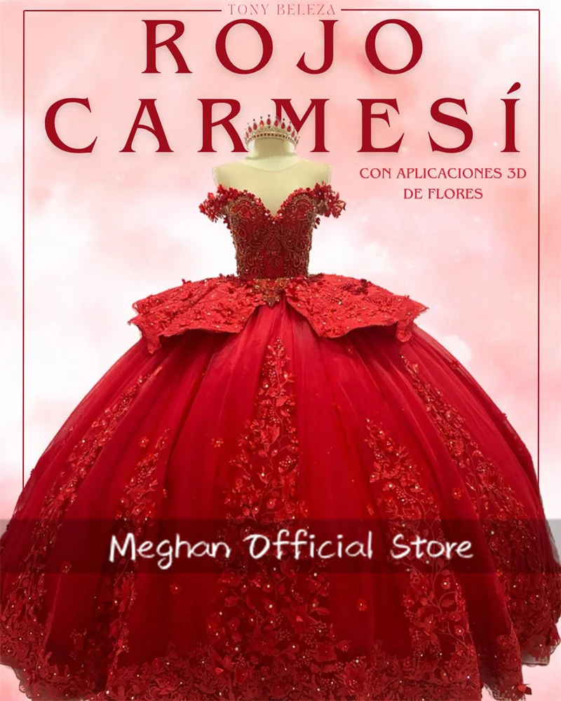 Мексиканское красное платье Quinceanera с объемными цветами бальное аппликацией и
