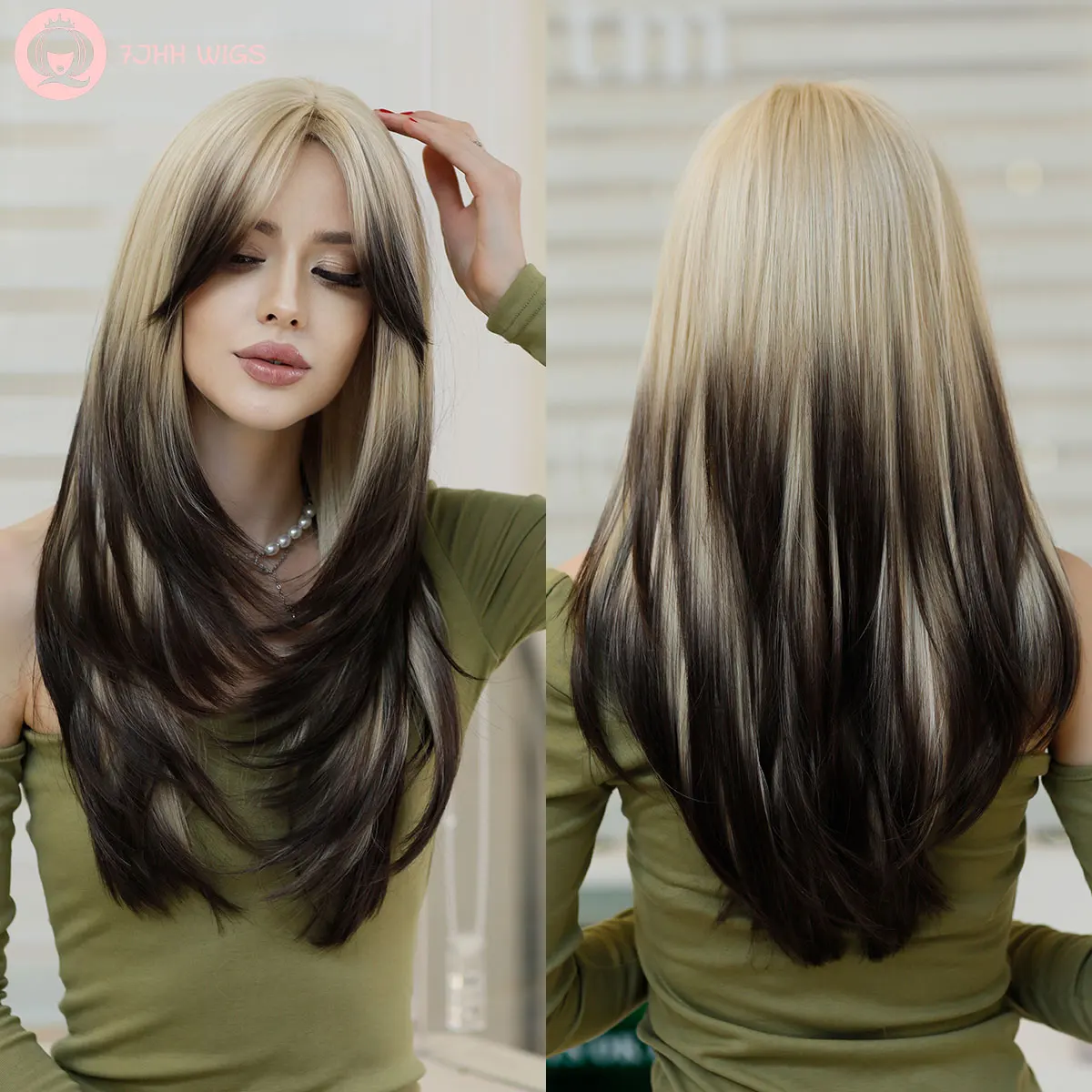 7JHH WIGS Ombre Blonde Wig for Women Long Wavy Lavender Wig with Bangs Natural Synthetic Hai Wig for Cosplay Heat Resistant