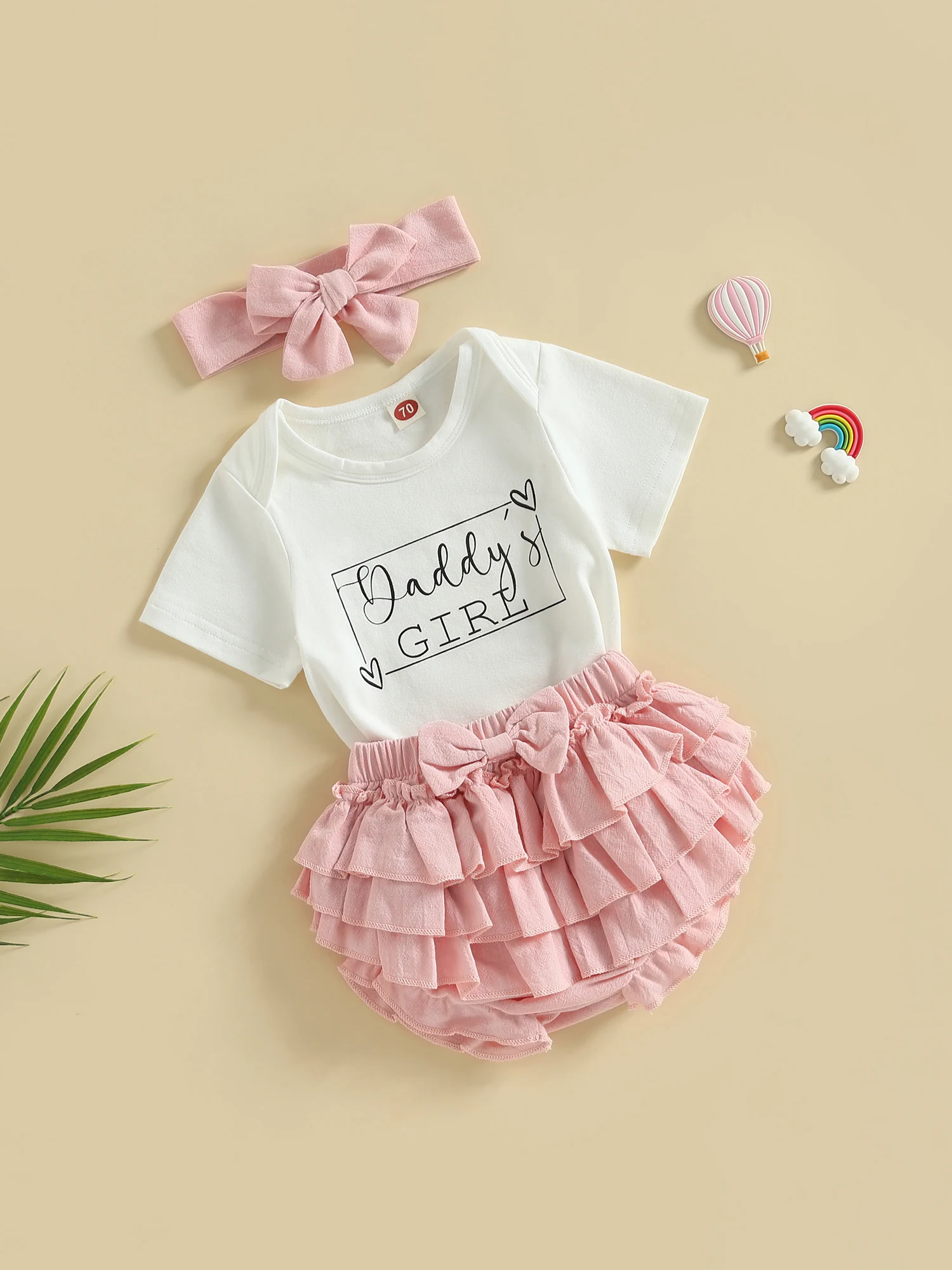 Adorable Baby Girl s Summer Set with White Short Sleeve Romper Layered Ruffle PP Shorts and Matching Headband - Perfect for