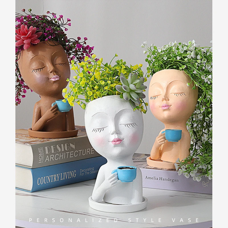 Girls Face Head Flowerpot Resin Succulent Plant Human Woman Pot With Tray Figure Garden Decor Tabletop Ornament Home Decoration