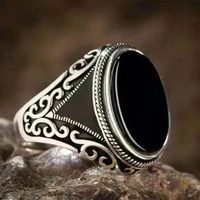 mens fashion vintage silver plated carved ring natural black stone ring noble gentleman engagement wedding ring