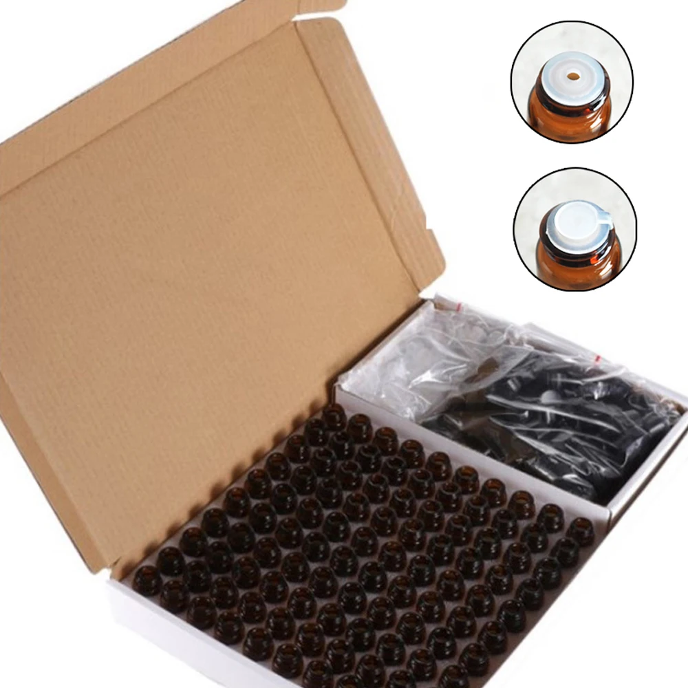 

100Pcs 1ml 2ml Amber Glass Vials,Mini Essential Oil Bottles With Orifice Reducer Two inner plugs Black Cap
