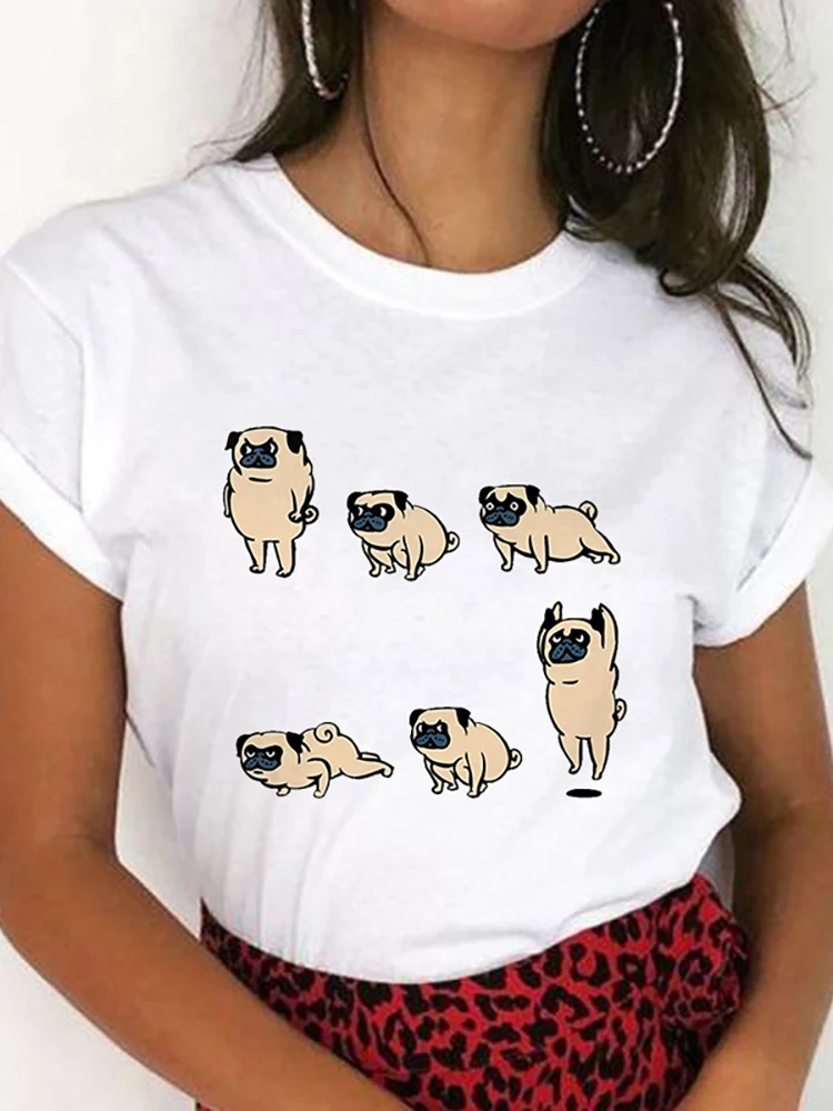 

Women T Shirts Fitness Pug Lovely Print Tees Tshirt Cartoon Female Clothes Tops Print Ladies Fashion Graphic T-Shirt White Black