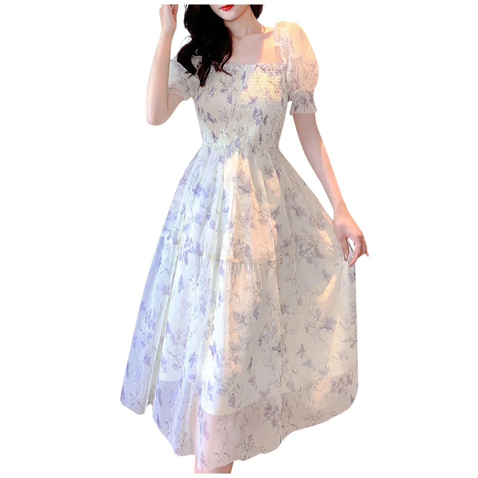

Clothing Female Women'S Dress Summer French Floral Bubble Dress Sleeves Wrapped Up To Show Thin Temperament White Vestidos