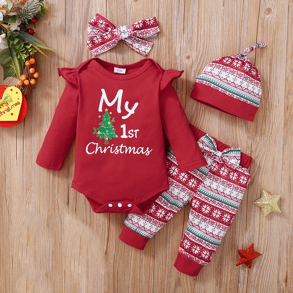 

4Pcs Lovely Baby Girls My First Christmas Letter Romper Kids T-Shirts Pant Newborn Hat Outfits Girl Xmas Set Children Clothes Se
