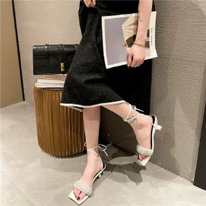 Summer women's slippers high-heeled shiny temperament sandals 2022 new rhinestone mid-heel sandals and slippers