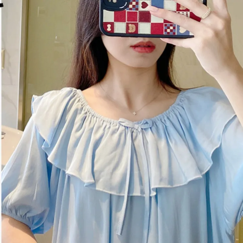 Women's Dresses 2023 Trend Boat Neck Holiday Two Pronged Pajama Skirt Cotton Homewear Back Night Outfit Youth Gown For Ladies