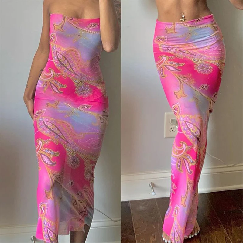 

2023 European And American Summer New Fashion Color Printing Sexy Wrap Chest Backless Strapless Slim Dress Two Wear Skirt