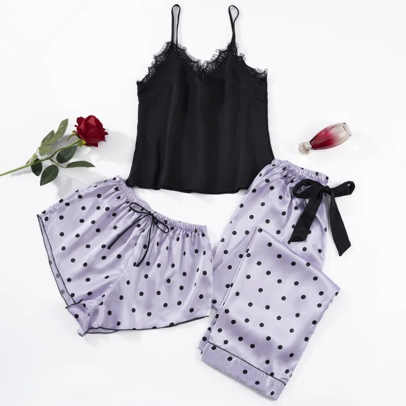 QWEEK Silk Women Pajama Polka Dot Pants Pijama 3 Piece Set Sleepwear Kawaii Pyjama Suit with Short Nightwear Sleeveless Homewear