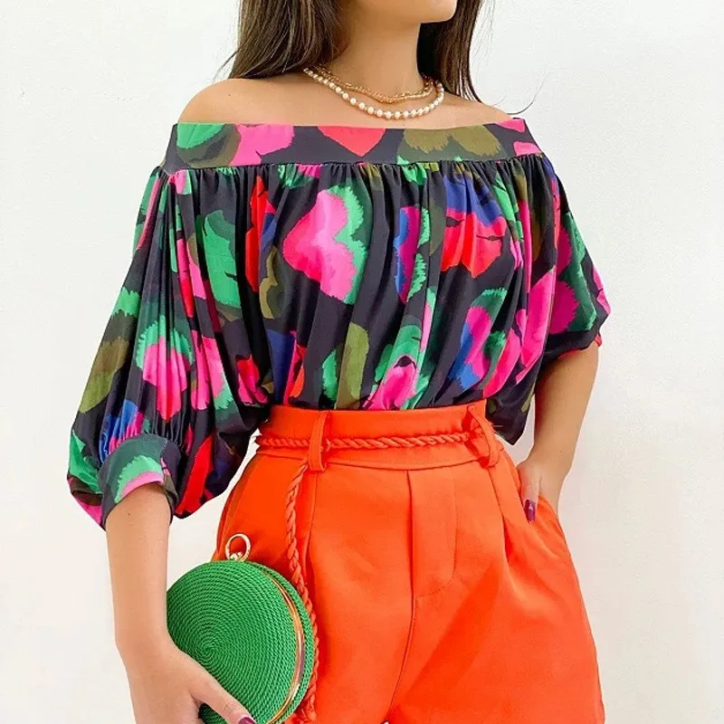 Sexy Off Shoulder Batwing Sleeve Print Shirt Blouse Women Casual Loose Flods For 2025 Fashion New Office Elegant Top