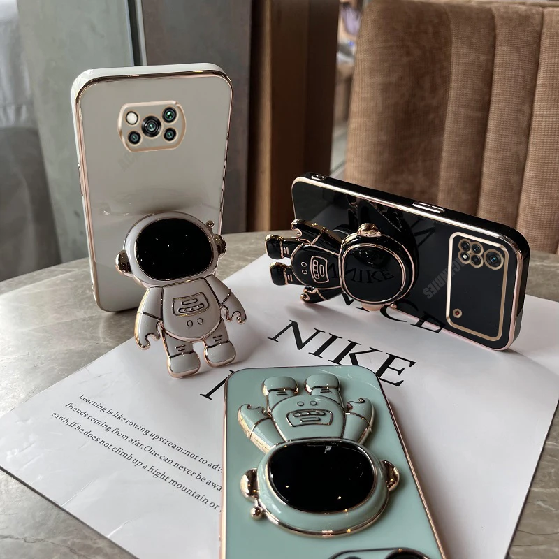 Pocox3 Astronaut Stand Holder Case On For Xiaomi Mi Poco X3 Nfc X3pro X4pro X4 M4 Pro 4g 5g F3 Plating Silicone Cover Poko X3nfc