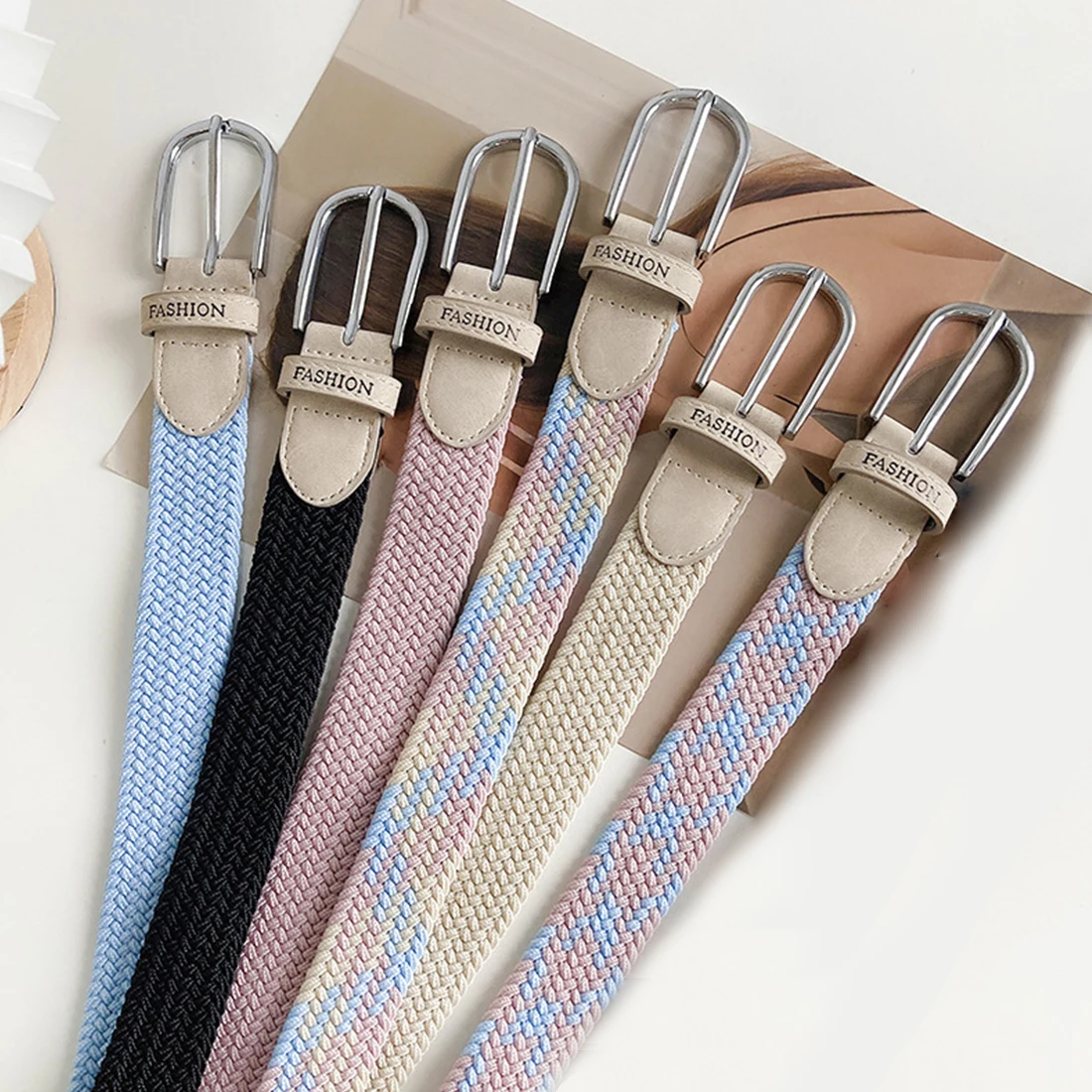 Fashion Alloy Belt Buckle Adjustable Lazy Belt No Punching Candy Color Belt Braid Canvas Elastic Breathable Casual Waistband