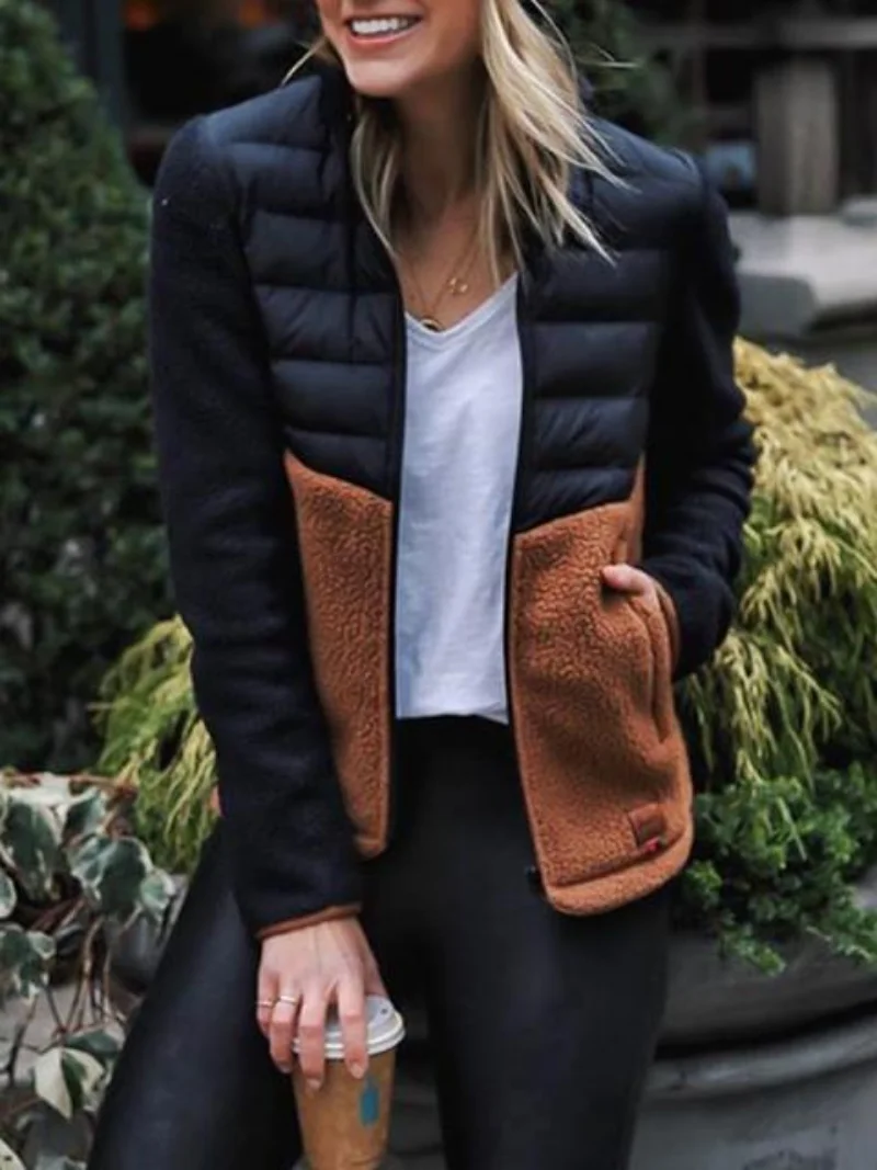 Fashion Patchwork Cuffs Contrast Slim Down Jacket Women Winter Coat Women