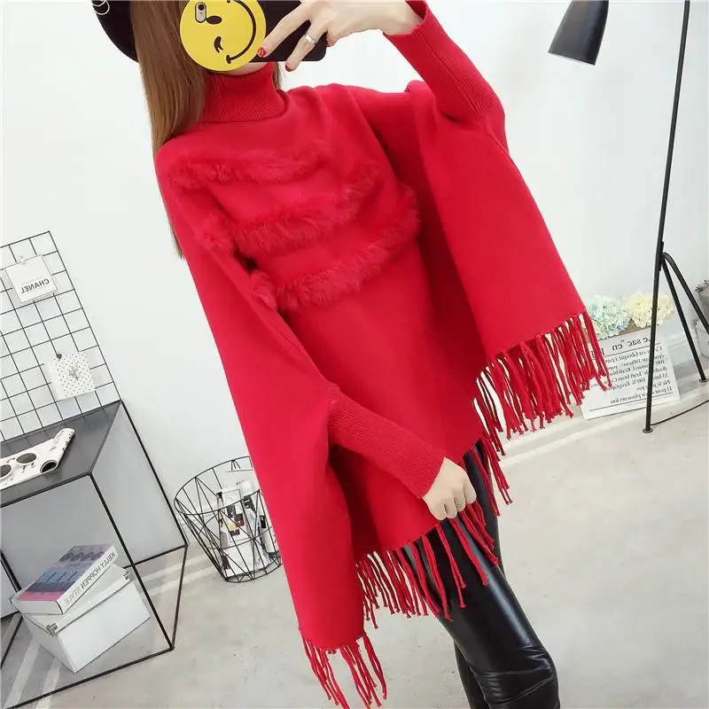 

Women Knitted Pullover Sweater Top High Collar Buttons Warm Shawl Wrap Fringe Tassels Hem Solid Color Poncho Cape Cloak X33
