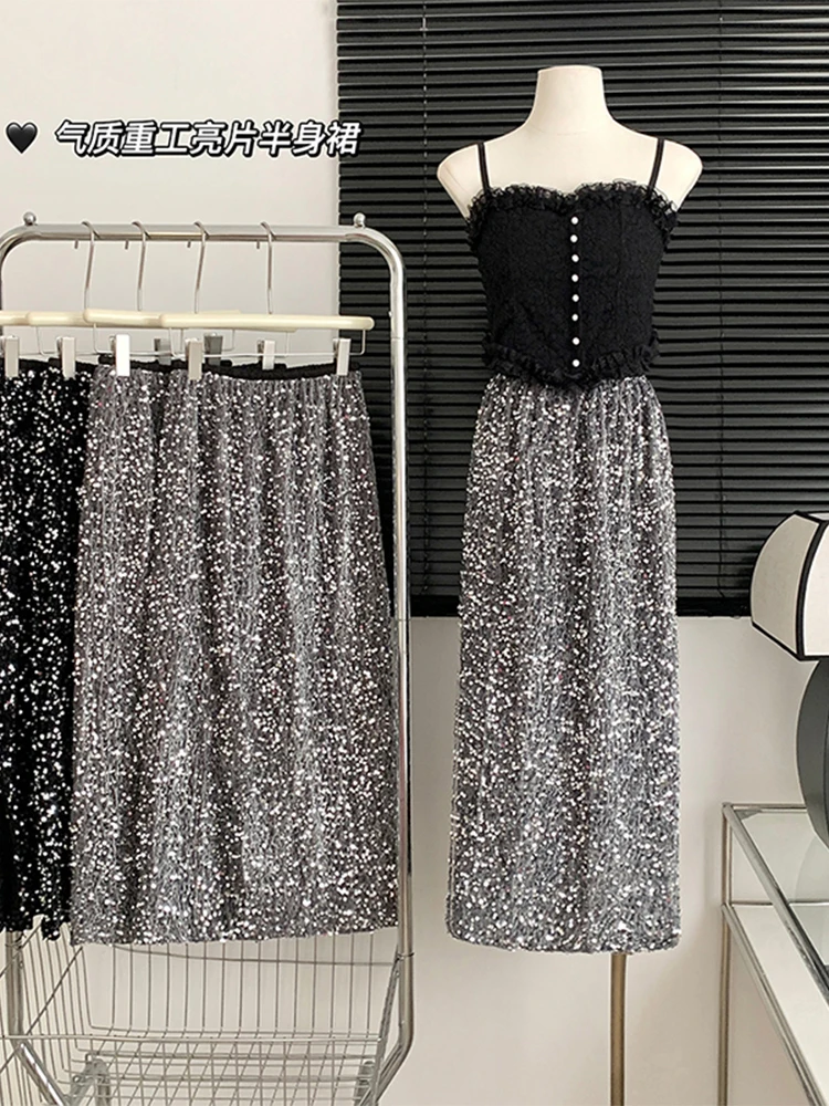 

A-line High Elastic Waist Women Mid-long Skirts 2023 Spring Fashion Luxury Sequins Party Clubwear Ladies Skirt Streetwear Chic