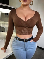 lace hem ruched front plunging neck crop tee