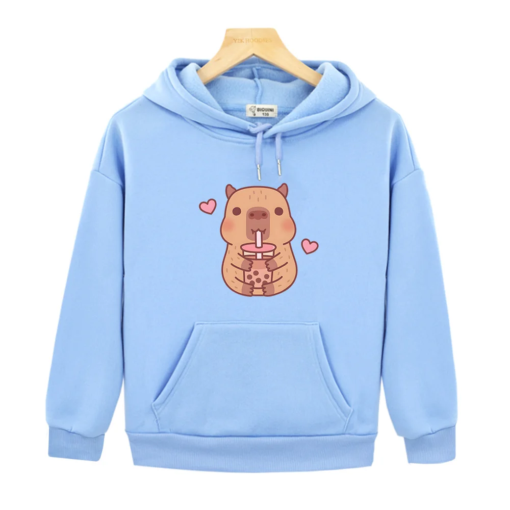 

Capybara Loves Drinking Bubble Tea Hoodies Casual Children Kawaii Autumn Sweatshirts Fleece Warm Boys and Girls Pullovers Kids