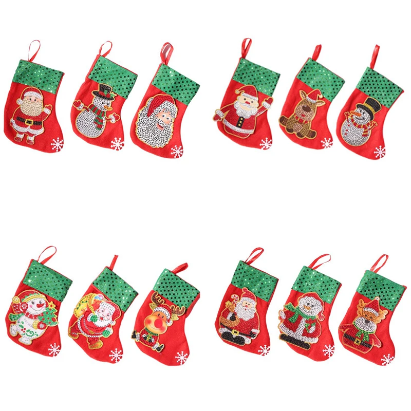 

3Pcs DIY Diamond Painting Christmas Socks Santa Claus Snowman Rhinestone Art Mosaic Gift Bag Xmas Tree Hanging Pendants Decor