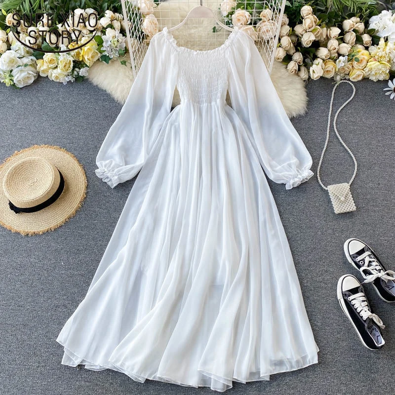 

New Fashion Women Elegant Holiday Dresses Spring Summer Puff Sleeve Party Dress Elastic Waist White Chiffon Dresses Robe 22087