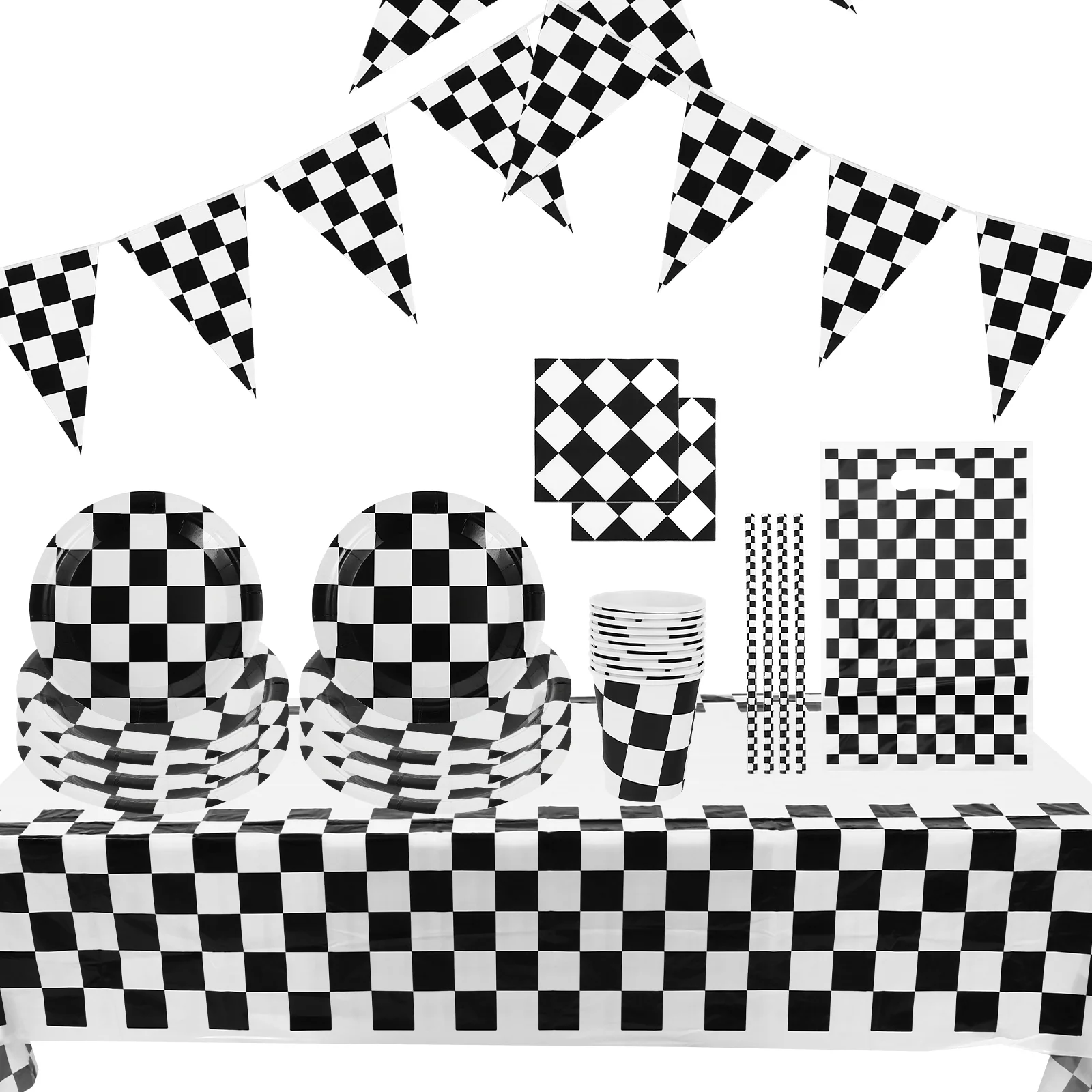 

Racing Theme Set Car Birthday Party Supplies Dining Table Decor Checkered Cups Race Decorations Plastic Plates Napkins Dinner