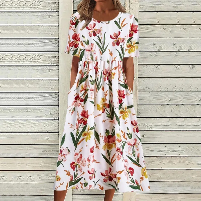 

Casual Loose Print Pocket Summer Women's O-Neck Short Floral Midi Dresses Elegant Vestidos Largos Verano 2023 Mujer Robe