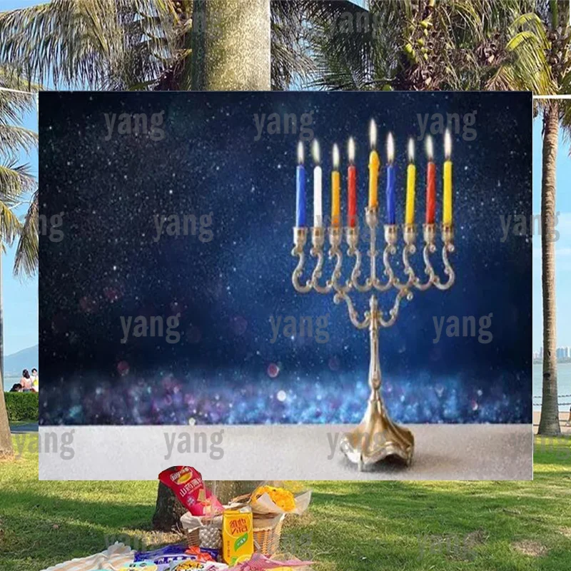 

Custom Happy Hanukkah Colorful Candle Backdrop Decoration Dreidel Jewish Holiday Family Party Background Menorah Candelabra