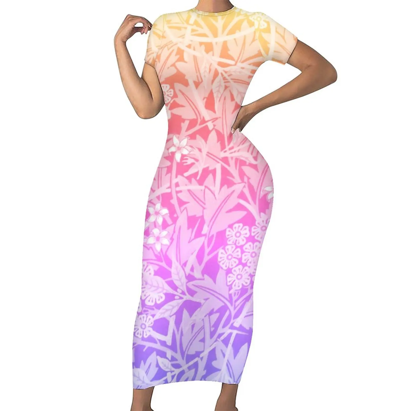 

Rainbow Ombre Dress Short Sleeve Retro Floral Print Pretty Maxi Dresses Spring Street Style Custom Bodycon Dress 3XL 4XL 5XL