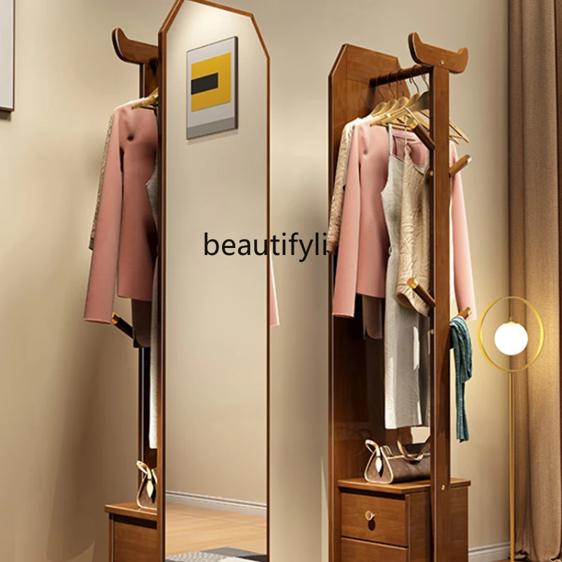 

HJ Full-Length Mirror Floor Mirror Solid Wood Household Bedroom Rotatable Clothes Rack Fitting Mirror