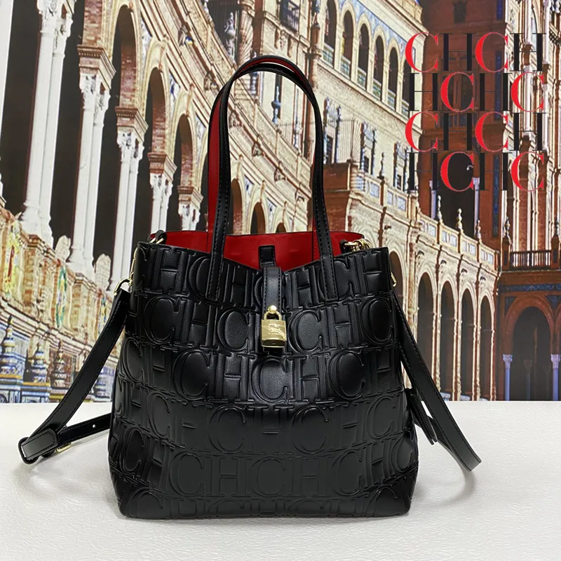 

Top Luxury Brand 100% Genuine Leather Embossed Solid Color CHCH HCHC Letter Handbag Famous Designer Diagonal Bucket Bag Monogram