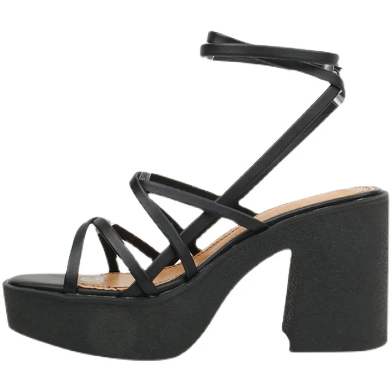 

Thick Heeled High-heeled Sandals Lace Up Open Toe Women's Shoes Thick Soled Raised Cross Strap Korean Roman Shoes