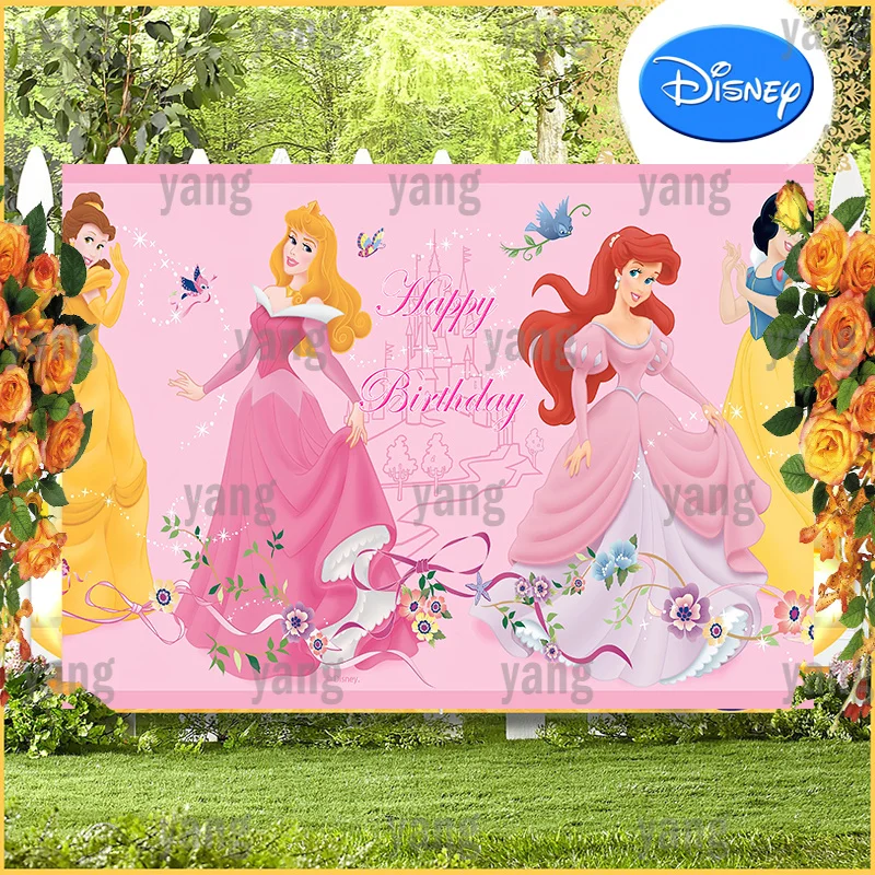 Disney Pink Backdrop Princes Snow White The Little Mermaid Beauty and the Beast Happy Girl Baby Shower Birthday Background Party