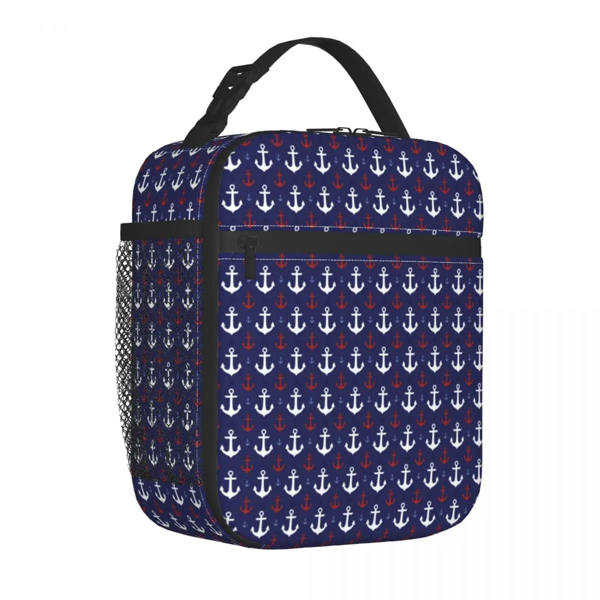 

Nautical Sailor Lunch Bag with Handle Anchors Print Beach Mesh Pocket Cooler Bag Carry Pearl Cotton Modern Thermal Bag